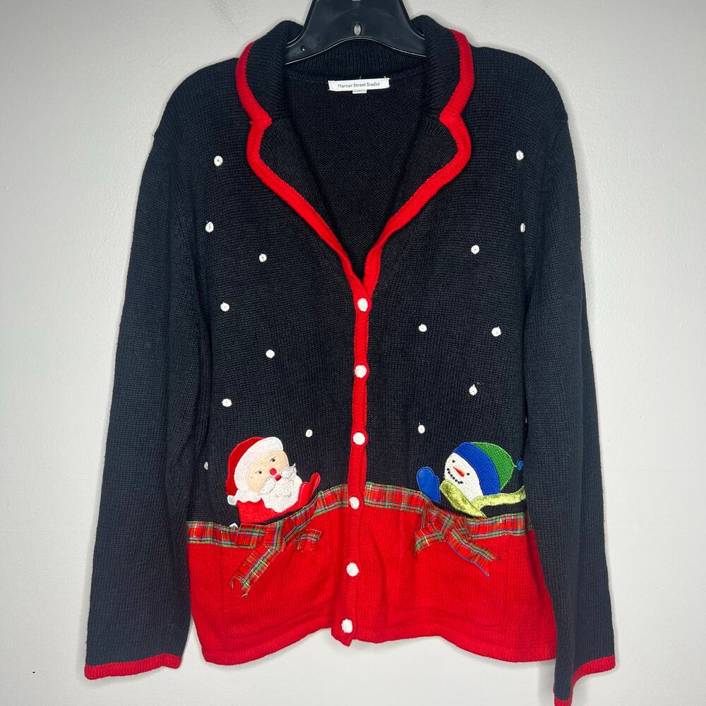 VTG Y2K 90s Ugly Christmas Sweater Cardigan XL Santa‎ Pockets Holiday Party Knit